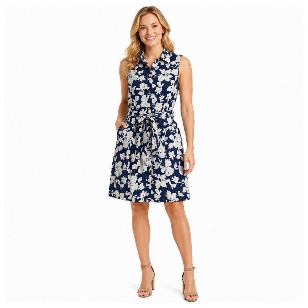 Tommy Hilfiger Dress Womens 8 Blue Floral Sleeveless Shirt Belted Knee Length
